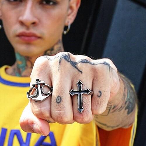 FIMAODZ Gothic Punk Hip-Hop Cross Ring Men Black Amulet Vintage Faith Rings for Women Jewelry