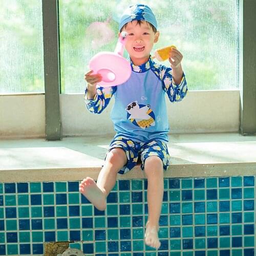 Boys Long Sleeve Two Piece Rash Guard 2-12 Years, Sun Protection Swimwear Swimsuit with Cap Beachwear Surfing Suits Bathing Suit