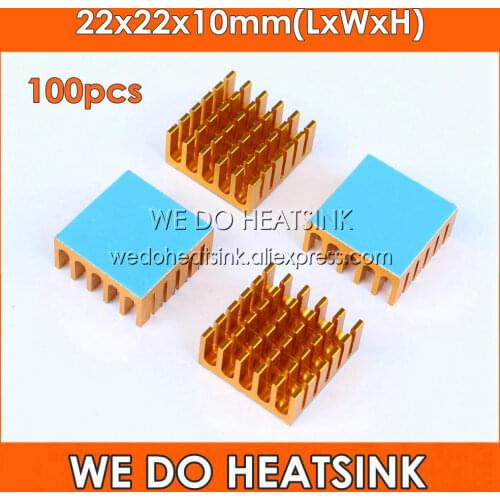 WE DO HEATSINK 100pcs 22x22x10mm Gold Slotted Anodized Aluminum Heatsink Radiator With Thermal Conductive Adhesive Transfer Pads
