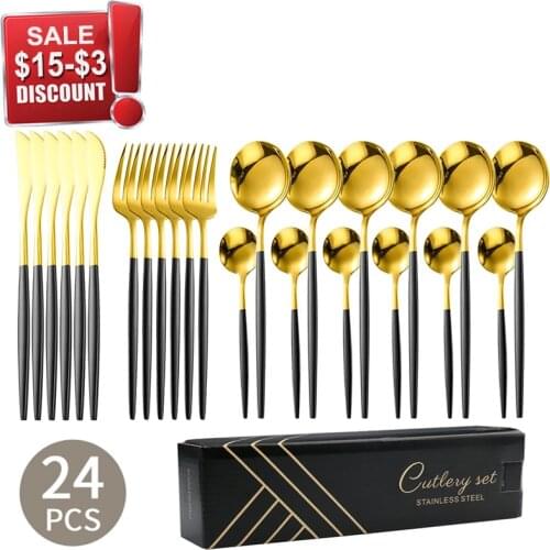 24pcs Gold Dinnerware Set Stainless Steel Tableware Set Knife Fork Spoon Luxury Cutlery Set Kitchen Flatware Dishwasher Safe