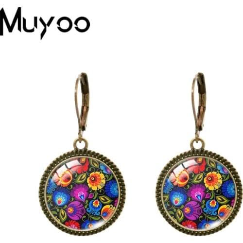 2019 New Polish Folk Pattern Dangle Earring Geometric Art Vintage Earring Glass Dome Jewelry