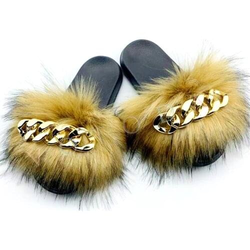 New Summer Women Faux Fur Slipper Woman Faux Raccoon Fur With Metal Decoration Slides Female Fluffy Indoor Fur Rainbow Flip Flop