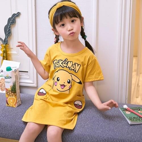 Pikachu Pajama Cotton Nightdress Little Girl Short Sleeved Pajamas Dresses Children Cartoon Summer Home Clothes Kids Sleepwear