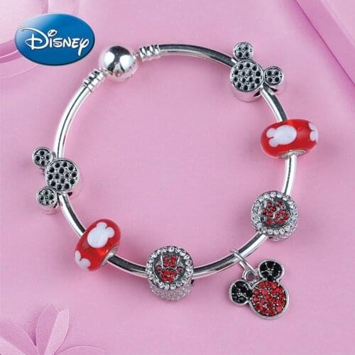 Disney Cartoon Mickey Mouse Minnie Ancient Silver Bracelet Couple Pendant Red Round Crystal Bracelet