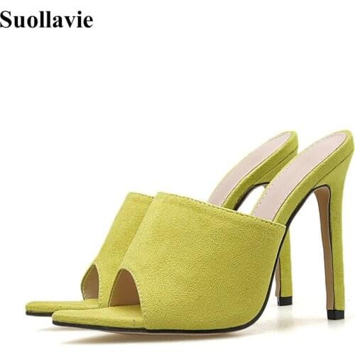 Suollavie 2020 Spring Summer Pointed Peep Toe Thin Heels Fish Mouth Slippers Sexy Pumps Party Sandals Yellow Mules Shoes