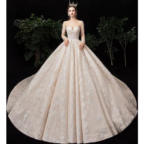 Custom Made Wedding Dresses Ball Gown Long Sleeve Big Train Crystal Lace Tulle Puffy Elegant Wedding Gowns 2020 New Fashion HS06