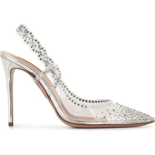 Womens Shoes Heaven Crystal Embellished Clear Pvc Slingback Strap Pumps Cinderella Glass Glistening Wedding Pumps