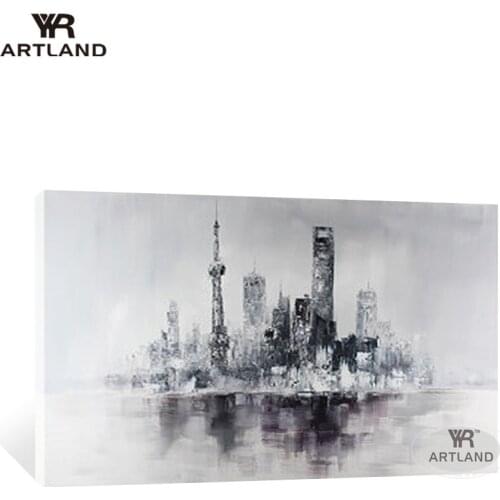 YYR-ARTLAND Hand painting abstract oil painting on canvas gray city building landscape hanging picture for living room no framed