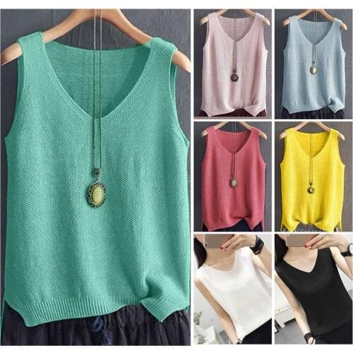 Women Solid Color T-shirt V Neck Sleeveless Loose Fit Bottoming Shirt Top Fashion Casual Knitted Vest