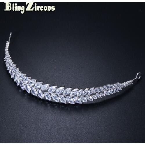 BeaQueen Pretty Leaf Shape Bridal Wedding Hair Accessories Cubic Zirconia Stone Crown Tiara Luxury Jewelry for Women H002