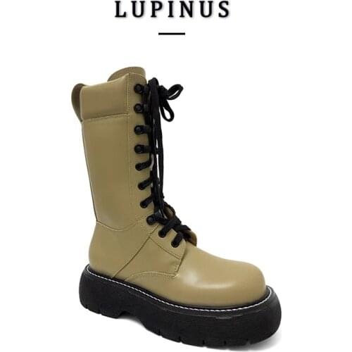 Genuine Leather Flat Platform Mid Boots Women Designer Brand Lace-up Motorcycle Boots Women INS Fashion Women Shoes 2021 New