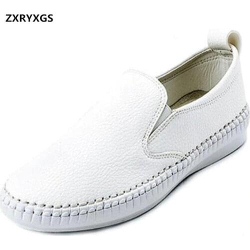 2020 New Spring Comfortable Soft Real Leather Shoes Woman Flats White Shoes Flat Women Sneakers Loafers Shoes Shoes Size 33-42