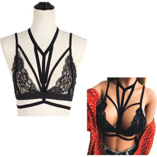 Womens Lace Elastic Cage Bra S-L Body Harness Bra Black Strappy Hollow Out Bralette Bustier Wire Free Bras Women Crop Top