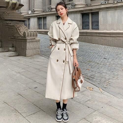 Womens Apricot Trench Coat Spring Autumn New Lapel Ladies Cloak Long Windproof British Style Loose Commute Windbreaker Female