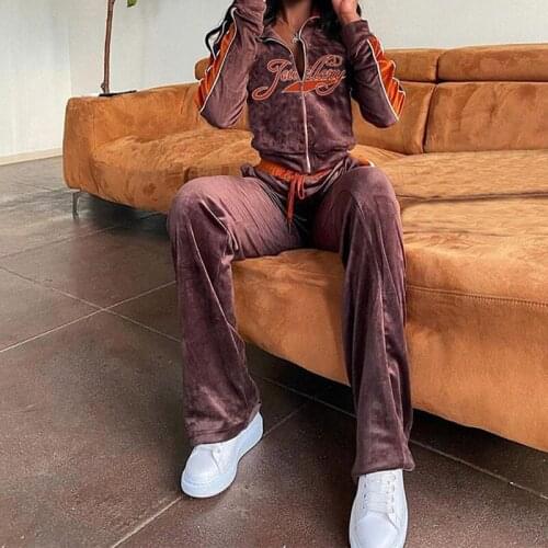 2 Two Piece Sets Brown Women Tracksuit Letter Print Velvet Outfit Sweatshirt + Sweatpants Matching Set Sporty Streetwear G2952