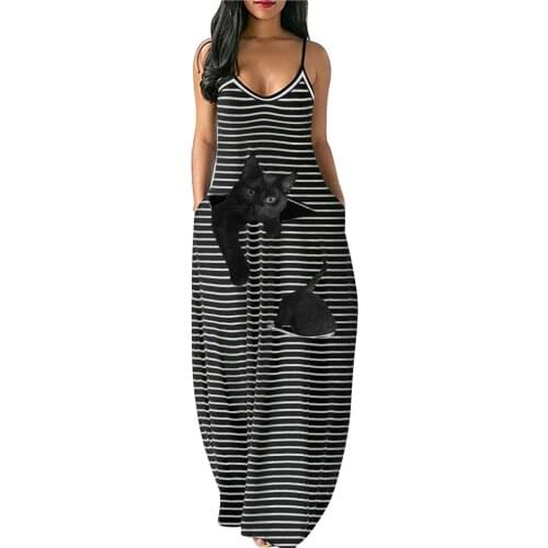 Women Loose Dress 2021 Striped Cat Printing Sexy Summer Plus Size Sundress Casual Sleeveless Leopard Printed Long Maxi Dress