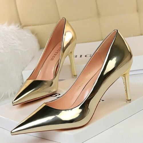 2021 Classic Women 7.5cm 10.5cm High Heels Patent Leather Pumps Escarpins Gold Silver Stiletto Heels Wedding Shoes Plus Size