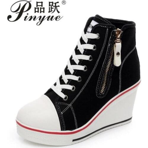 Free Shipping Badge Wedges High Lacing Casual Elevator Shoes Female Canvas Shoes High Top Wedge Boots Women Casual Shoes