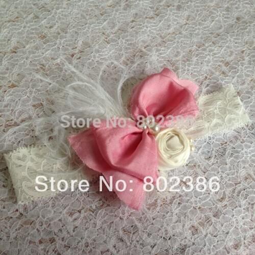 Free Shipping Ivory Dupioni Silk Roll Flower Ivory Ostrich Feather Dupioni Silk Bow Headband Kids Hair Accessories
