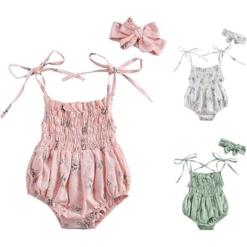 2021 New Summer 0-18M Toddler Baby Girl 2Pcs Set Floral Print Shirring Bows Spaghetti Strap Sleeveless Bodysuit+Headband 3 Color