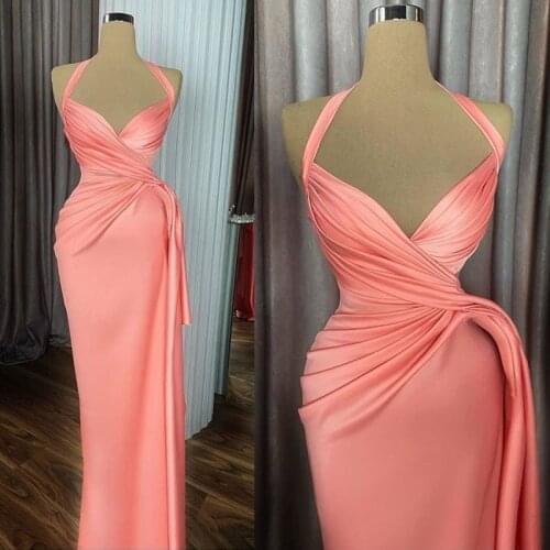 Elegant Coral Satin Prom Dresses Halter Mermaid Draped Top Formal Evening Dresses 2020 Cheap Party Gowns Robe De Soiree