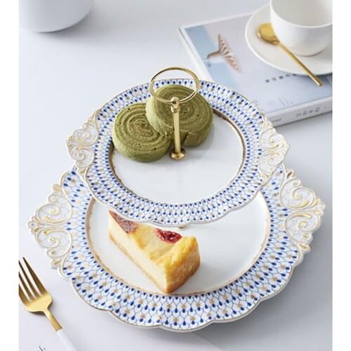 European Minimalist Geometric Pattern Ceramic Fruit Plate Two Layers Ofgoldmulti-layercake Stand Afternoon Tea Dessert Candydish