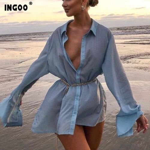 INGOO Sexy Shirt Dress Solid V Neck Button Long Sleeve Loose Tops Fashion Female Autumn Blue Elegant Short Dresses