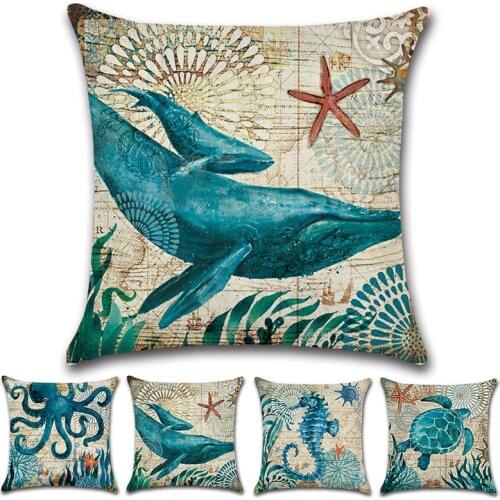 Marine Animal Cushion Cover Ocean Life Sea Turtle Sea Horse Dolphin Sofa Throw Pillowcase Home Decor Square Vintage Pillows Case