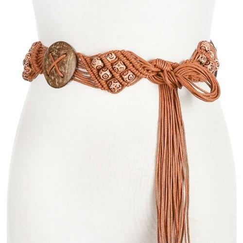 Summer Beach Belt Women Boho Knitted Rope Wooden Beads Belt Waist Chain Clothing Accessory Flora Knitted Belt For Woman Dress