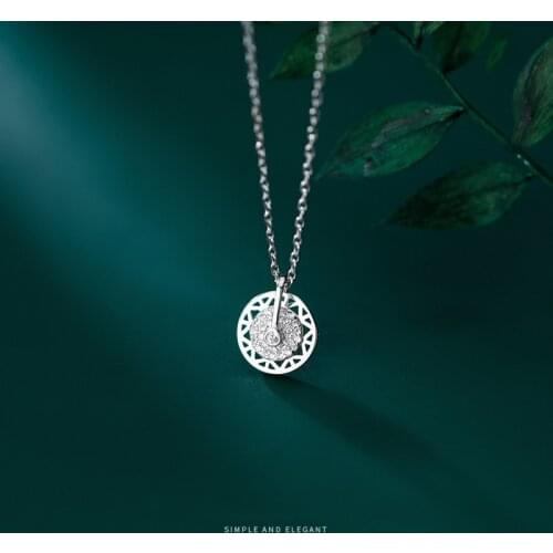 MODIAN Authentic 925 Sterling Silver Shiny Zircon Rotatable Disc Pendant Necklace for Women Wedding Engagement statement Jewelry