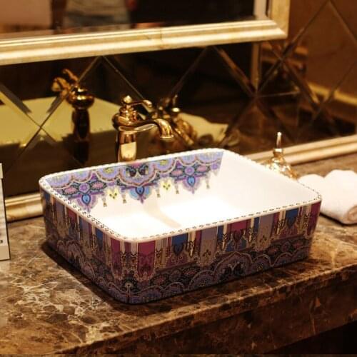 New Rectangular shape Europe style chinese washbasin sink Jingdezhen Art Counter Top ceramic bathroom sink luxury wash basin