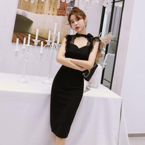 2021 Summer New Womens Sexy Hollow Out Stitching Lace Auricularia Edge Wrapped Chest Slim Black Dress