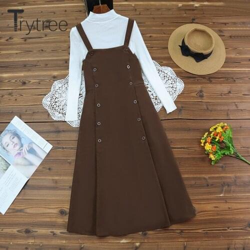 Trytree 2020 Autumn Winter Two piece set Solid Casual Knitting Basic Top + Dress Buttons Belt A-line Zip Office Lady 2 Piece Set