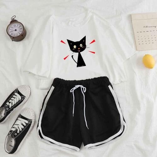 Cartoon Pajamas for Women Short and Top Set Short Sleeve Pajamas Two Piece Set Women Summer Cat Print Anime Clothes Blue Pants