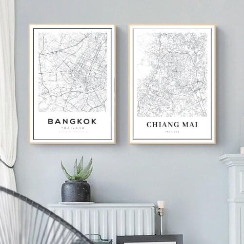 Bangkok Map Posters and Prints , Thailand Travel City Map Canvas Painting Modern Chiang Mai Map Picture Home Wall Art Decor