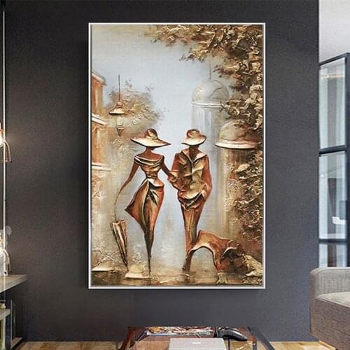 Nordic Golden Poster Romantic Couple Walking in the Rain Canvas wall Art Picture for Living Room Corridor Decoration
