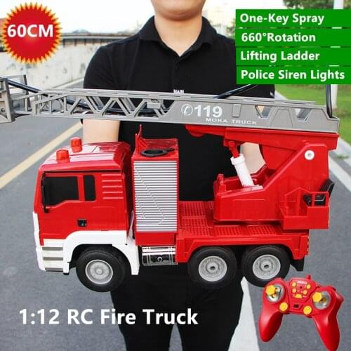 Large Water Sprayable RC Fire Truck 2.4G 1:12 30mins 660°Rotating Electric Lift Ladder Police Lights Children Toy Fire Truck