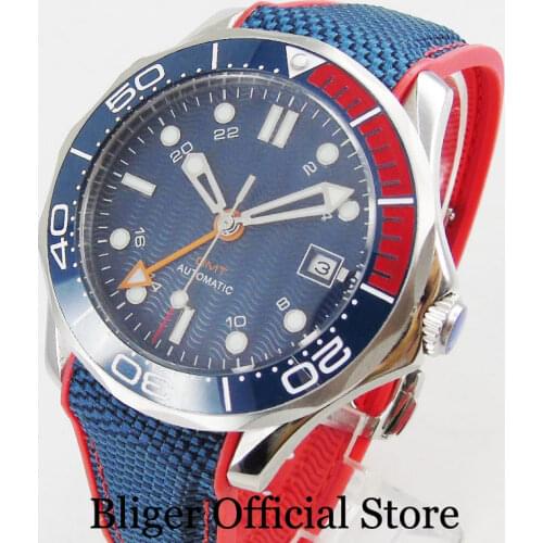 Luxury Wristwatch 41mm Men Watch Sapphire Glass Date Window Nologo Blue Dial Rubber Strap Automatic Movement