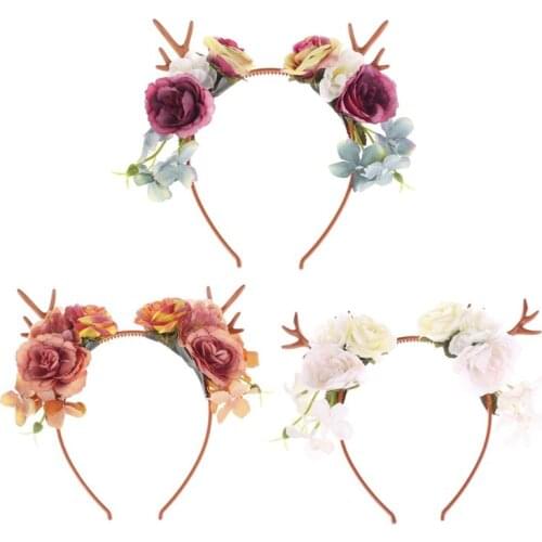 Christmas Colorful Rose Flower Headband Wedding Bridal Fairy Antlers Hair Hoop F3MD
