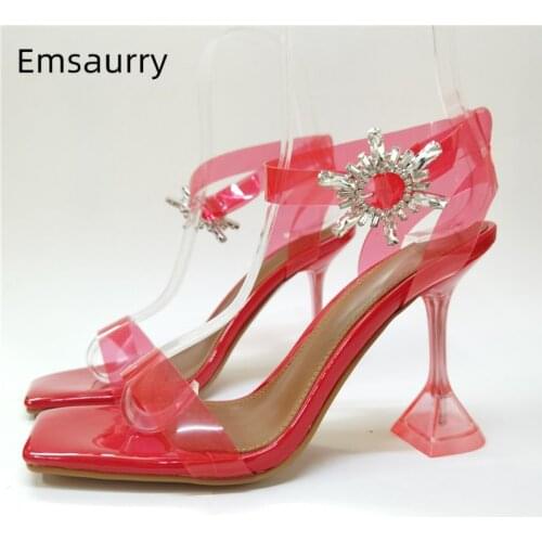 Sexy Jelly Color PVC Sandals Women Crystal High Goblet Heel Square Open Toes Ankle Strap Diamond Buckle Belt Party Shoes Woman