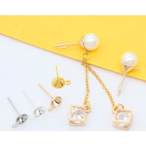 100p Earrings jewelry findings Blank 5/6/8mm cup Set For beads Ear peg Post Stud Ear Nail Pin with loop Gold silver plated Pins