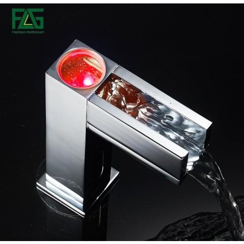 FLG Sensor Faucet Waterfall Automatic LED Copper 3 Colour Change Basin Sensor Mixer Taps for Washbasin Bathroom