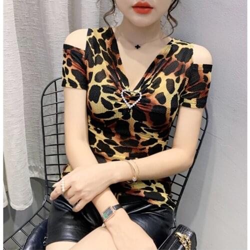 Off Shoulder Tops Print Short Sleeve Women T-shirt Summer Casual O-Neck Tshirt Woman Diamond Tee Cotton Female Tees 2021