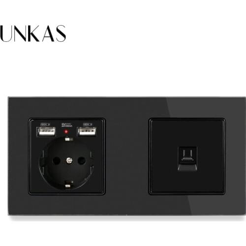 UNKAS Crystal Glass Panel EU Standard Electric Socket with 2 USB + 1 Gang RJ45 Internet Jack CAT5E Connector 172*86mm Outlet
