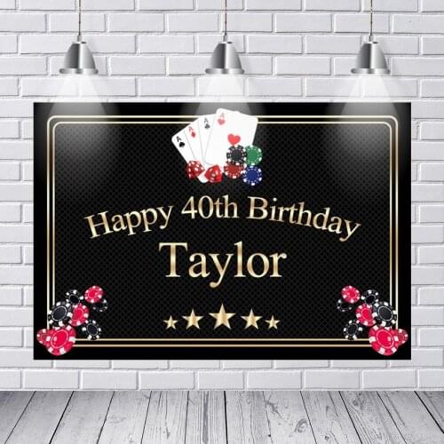 Casino Las Vegas Card Party Backgrounds for Photo Studio Black Gold Frame Text Happy 40th Birthday Backdrop 7x5ft Vinyl