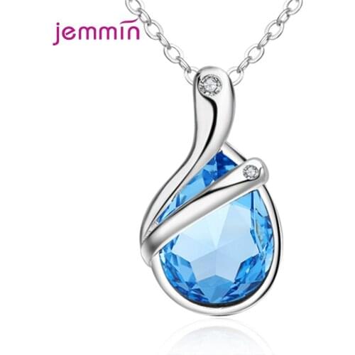 Classic Water Drop Sea Blue Cubic Zirconia Vintage Necklace & Pendants 925 Sterling Silver Jewelry Charms Necklace Women Chain