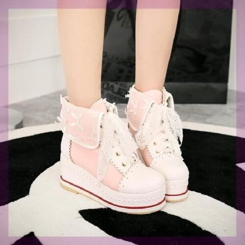 Lace Up Boots Shoes Booties Woman 2020 Low Heel Chelsea Round Toe Lolita Red Rubber Ankle Wedge Ladies Rome Hoof Heels Lace-Up