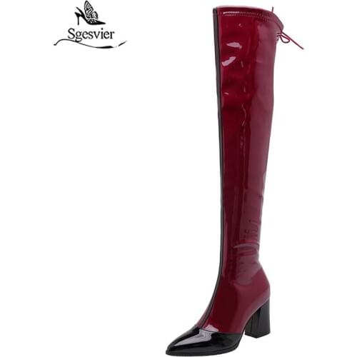 Sgesvier sexy PU leather block heel zipper over the knee boots for women female thigh high boots winter warm mixcolor shoes G724