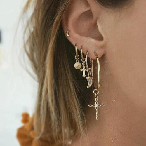 5Pcs/Set Punk Cross Crescent Star Earrings For Women Gold Color Stud Earring Geometric Vintage Girls Jewelry Pendientes