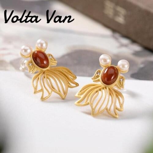 Volta Van Women Stud Earrings 925 Sterling Silver 2021 New South Red Agate Goldfish Fine Jewelry Elegant Concise Earrings